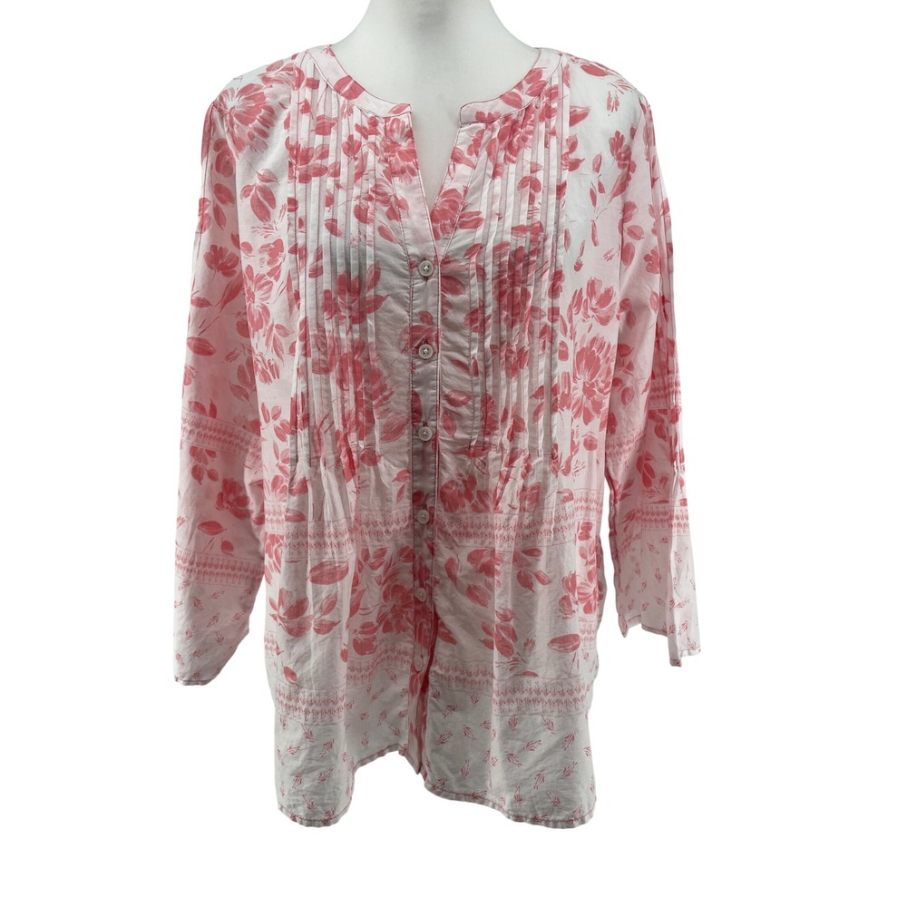 Floral Cotton Top Womens Large Pink Cottagecore Romantic Button Front Tunic